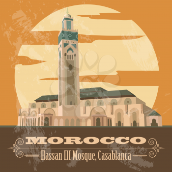 Kingdom of Morocco landmarks. Hassan III Mosque in Casablanca. Retro styled image. Vector illustration