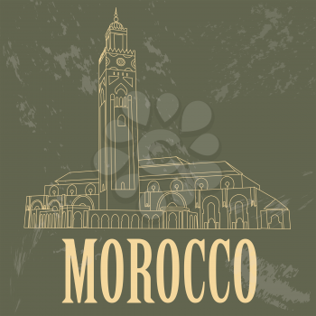 Kingdom of Morocco landmarks. Hassan III Mosque in Casablanca. Retro styled image. Vector illustration
