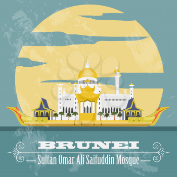 Nation of Brunei  landmarks. Retro styled image. Sultan Omar Ali Saifuddin Mosque. Vector illustration