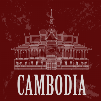 Cambodia landmarks. Royal Palace, Phnom Penh. Retro styled image. Vector illustration