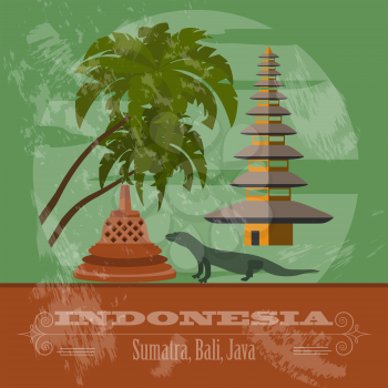Indonesia landmarks. Retro styled image. Vector illustration