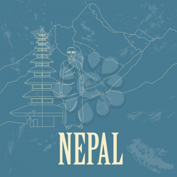Nepal landmarks. Retro styled image. Vector illustration