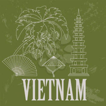 Vietnam landmarks. Retro styled image. Vector illustration