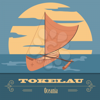 Tokelau. Polynesian canoeing. Retro styled image. Vector illustration