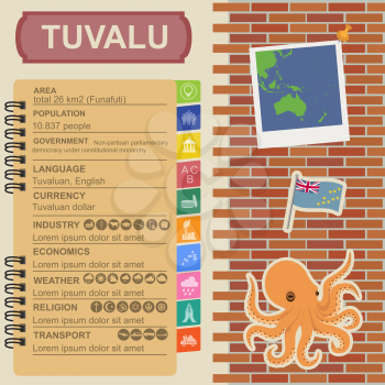 Tuvalu  infographics, statistical data, sights. Octopus.  Vector illustration