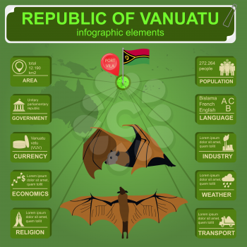 Vanuatu  infographics, statistical data, sights. Flying fox. Vector illustration