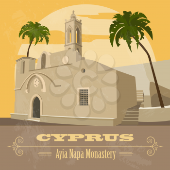 Cyprus landmarks. Retro styled image. Ayia Napa Monastery. Vector illustration