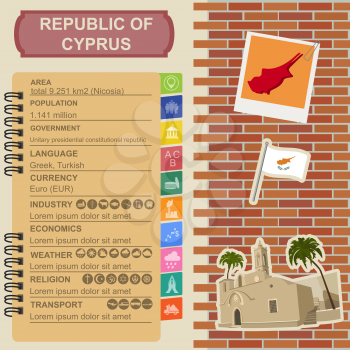 Cyprus infographics, statistical data, sights. Ayia Napa Monastery. Vector illustration