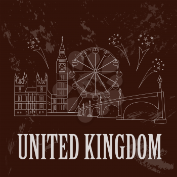 United Kingdom of Great Britain landmarks. Westminster bridge, Big Ben. Retro styled image. Vector illustration