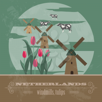 Netherlands landmarks. Retro styled image. Vector illustration