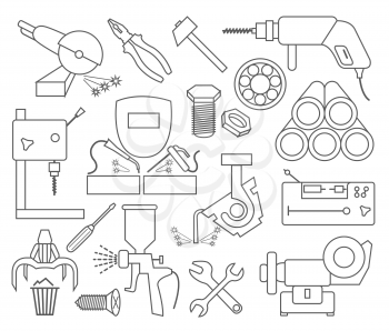 Metal working tools icon set. Thin line design. Vector illustration