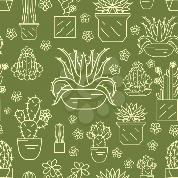Cactuses and succulents seamless pattern. Thin line design. Houseplants. Vector illustration