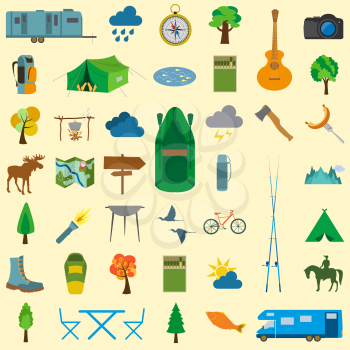 Set camping icon, hiking, outdoors. Vector illustration