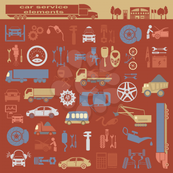 Set of auto repair service elements for creating your own infographics or maps of the car service station. Vector illustration