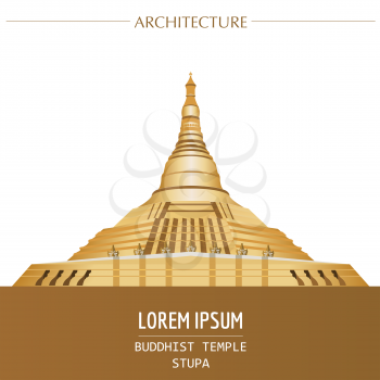 Cityscape graphic template. Modern city architecture. Vector illustration of Buddhist temple, stupa. City constructor. Template with place for text. Colour version