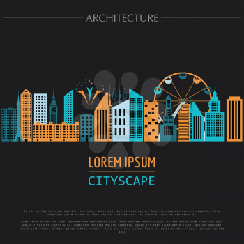 Cityscape graphic template. Modern city architecture. Vector illustration with different modern city buildings, such as office buildings, skyscrapers, houses, entertainments. City constructor. Templat