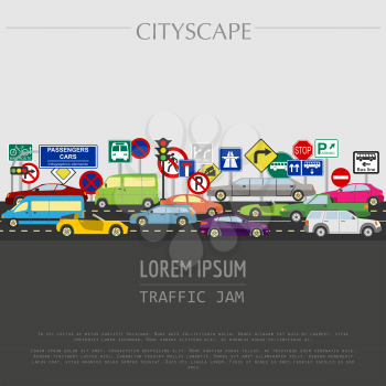 Cityscape graphic template. Modern city. Vector illustration. Traffic jam, transport, cars, road signs. City constructor. Template with place for text. Colour version