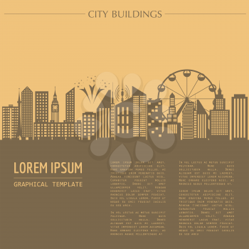 Cityscape graphic template. Modern city architecture. Vector illustration with different modern city buildings, such as office buildings, skyscrapers, houses, entertainments. City constructor. Templat