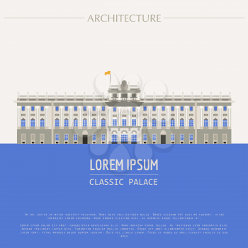 Cityscape graphic template. Modern city architecture. Vector illustration of classic royal palace. City constructor. Template with place for text. Colour version