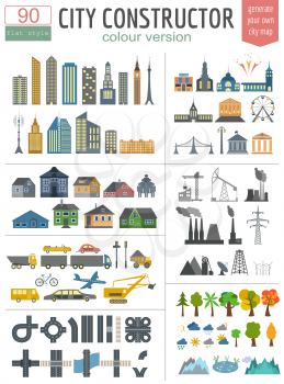 City map generator. Elements for creating your perfect city. Colour version. Vector illustration