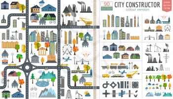 City map generator. City map example. Elements for creating your perfect city. Colour version. Seamless pattern. Vector illustration
