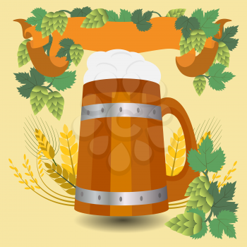 Barrel mug with wheat and hops. Vector illustration
