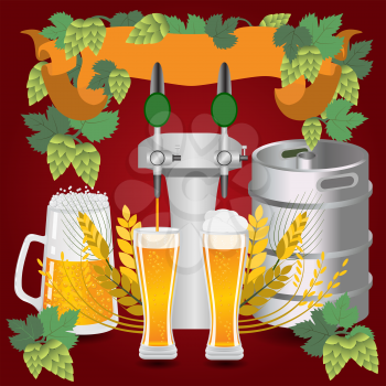 Glasses beer with wheat and hops. Vector illustration