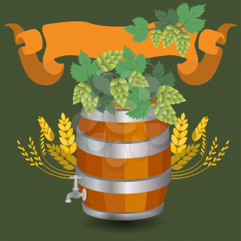 Barrel mug with wheat and hops. Vector illustration