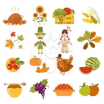 Thanksgiving day icon set. Flat style. Vector illustration
