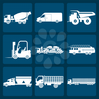 Set of nine icons of trucks. Vector illustration