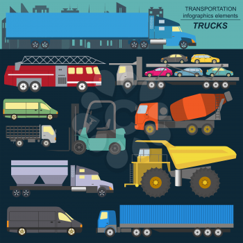 Set of elements cargo transportation: trucks, lorry for creating your own infographics or maps. Vector illustration