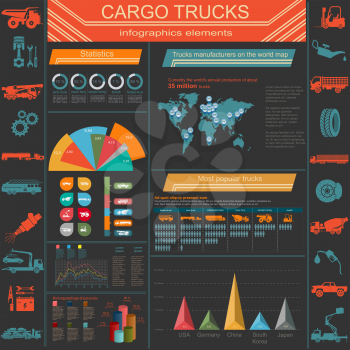 Cargo transportation infographics, trucks, lorry. Elements infographics.  Vector illustration