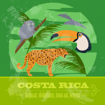 Costa Rica national symbols. Dolphins, jaguar, toucan, lemur. Retro styled image. Vector illustration
