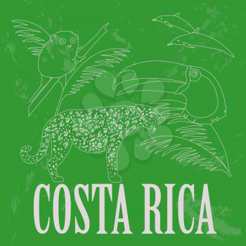 Costa Rica national symbols. Dolphins, jaguar, toucan, lemur. Retro styled image. Vector illustration
