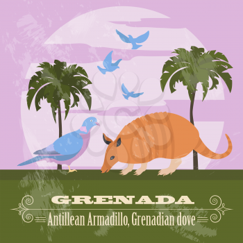 Grenada national symbols. Antillean Armadillo, Grenadian pigeon, dove. Retro styled image. Vector illustration