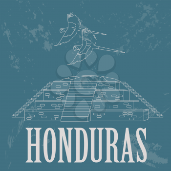 Honduras landmarks. Copan Ruinas, ara parrot. Retro styled image. Vector illustration