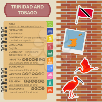 Trinidad and Tobago infographics, statistical data, sights. Scarlet (red) ibis, national symbol. Vector illustration