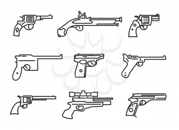 Firearm set. Guns, pistols, revolvers. Flat design. Outline linear version. Vector illustration