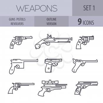 Firearm set. Guns, pistols, revolvers. Flat design. Outline linear version. Vector illustration