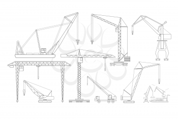 Crane and lifting machine. Outline icon set suitable for creating infographics. web site content etc. Vector illustration