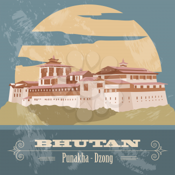 Bhutan infographics, statistical data, sights. Punakha - Dzong. Vector illustration