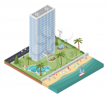Flat 3d isometric resort hotel  and city map constructor elements such as building, beach, swimming pool, garden, bar, nature isolated on white. Build your own infographics collection. Vector illustra