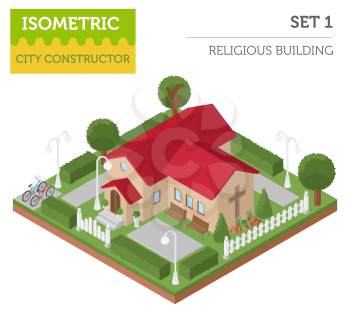 Religious architecture. Flat 3d isometric church and city map creator elements such as building, park, transport, nature isolated on white. Build your own infographics collection. Vector illustration