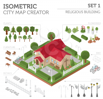 Religious architecture. Flat 3d isometric church and city map creator elements such as building, park, transport, nature isolated on white. Build your own infographics collection. Vector illustration