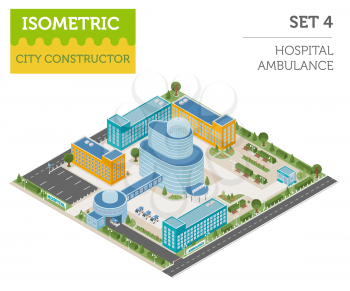 Flat 3d isometric clinic complex and city map constructor elements such as building, hospital, ambulance, pharmacy,  garden isolated on white. Build your own infographic collection. Vector illustratio