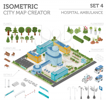Flat 3d isometric clinic complex and city map constructor elements such as building, hospital, ambulance, pharmacy,  garden isolated on white. Build your own infographic collection. Vector illustratio