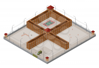 Flat 3d isometric special regime prison, jail for city map constructor isolated on white. Build your own infographic collection. Vector illustration