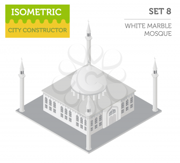 Flat 3d isometric islamic  mosque and city map constructor elements such as building, minaret, garden isolated on white. Build your own infographic collection. Vector illustration