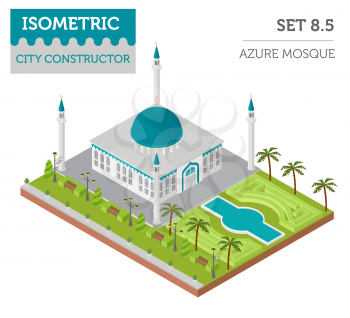 Flat 3d isometric islamic  mosque and city map constructor elements such as building, minaret, garden isolated on white. Build your own infographic collection. Vector illustration