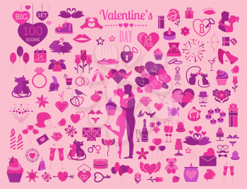 Valentine`s day icon set. Romantic design elements isolated on white. Vector illustration